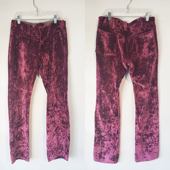 Bright Burgundy Pink Velour Velvet Vintage High Waist Hand Made Button Fly Pants - Picture 2 of 12